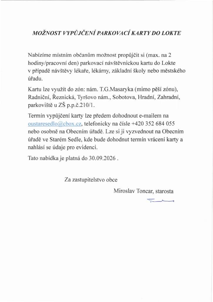 Propůjčení parkovací karty Loket